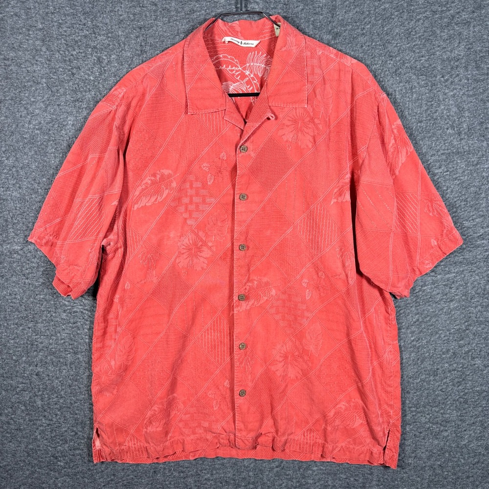 Tommy Bahama Hawaiian Shirt Men Large Coral 100% Silk Embroidered Tropical Aloha - Picture 2 of 7